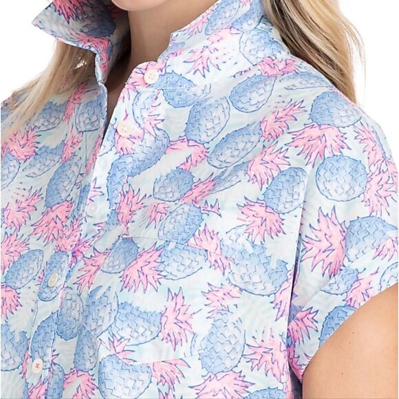 Vineyard Vines Pineapple Printed Blouse, Button Front Rolled Sleeves, 6 - Picture 3 of 11
